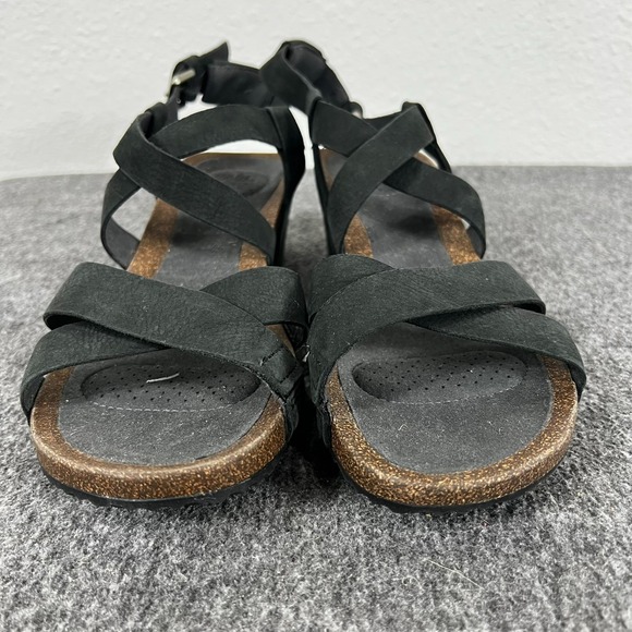Teva Mahonia Wedge Sandals Cross Strap Black Leather Women's 9.5 - Picture 2 of 9